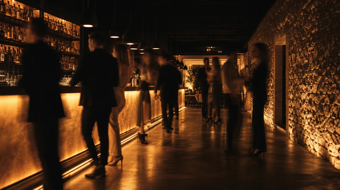 A warmly lit bar interior with guests in conversation