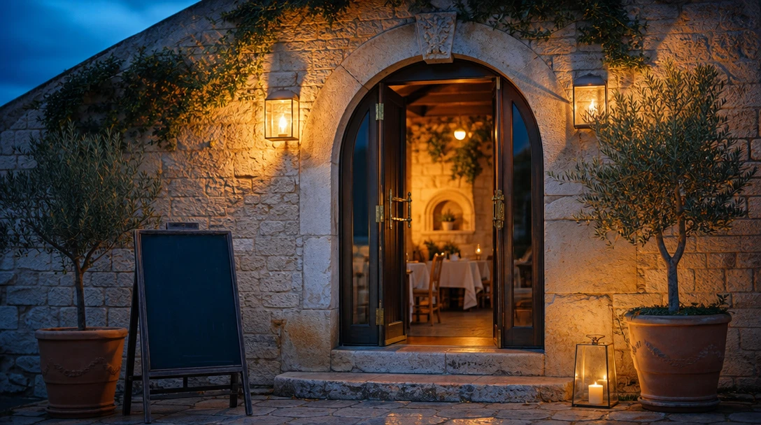 The lamp-lit stone entrance of an Adriatic restaurant at dusk