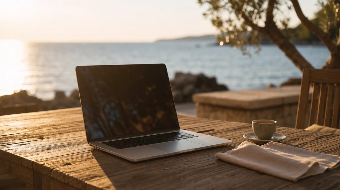 A laptop on a wooden table overlooking the Adriatic at golden hour